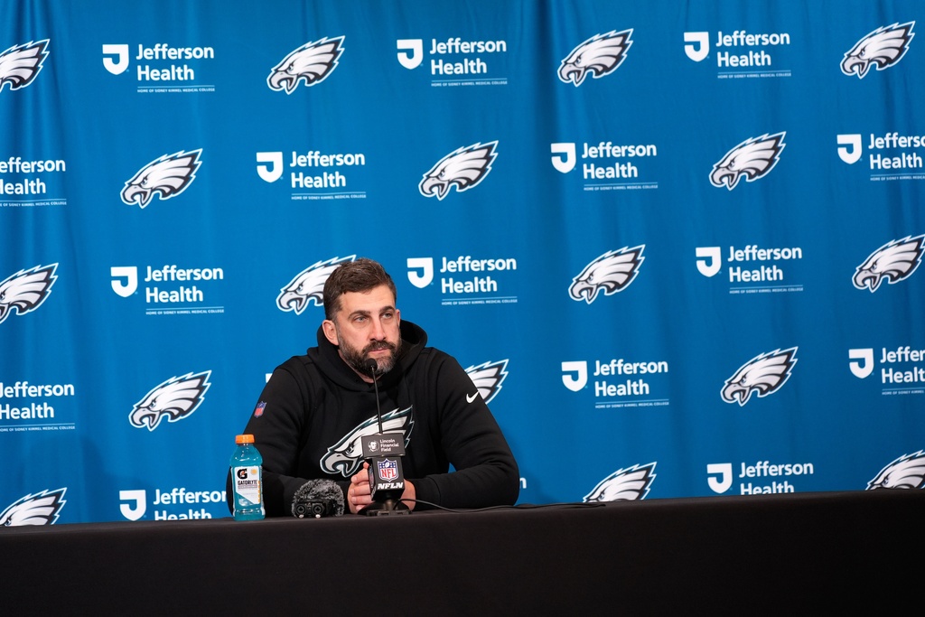 Philadelphia Eagles head coach Nick Sirianni speaks during a news conference after an NFL wild-card playoff football game against the San Francisco 49ers on Jan. 11, 2026. (Photo by Chris Szagola / AP Photo)